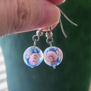 Handmade pastel pink gold and blue bead earrings with silver hooks
